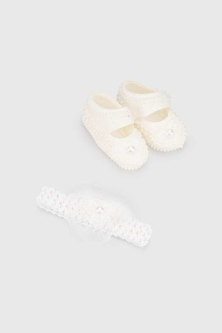 Фото Комплект для девочки Mini Papi 100 Сердечко пинетки+повязка One Size Белый (2000990058027D)