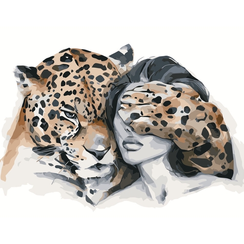 Фото Набір для розпису по номерах Дівчина з леопардом Strateg з лаком та рівнем розміром 40х50 см (VA-341 (4823113819682)