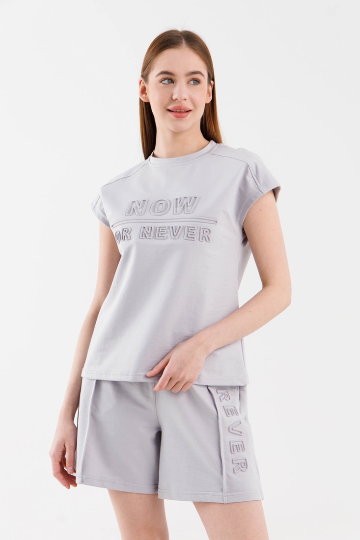 Фото Костюм футболка + шорти однотонний жіночий MDG 24729 L Сірий (2000990404077S)