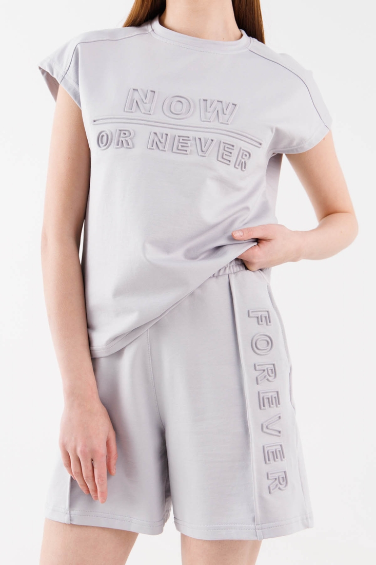 Фото Костюм футболка + шорти однотонний жіночий MDG 24729 L Сірий (2000990404077S)