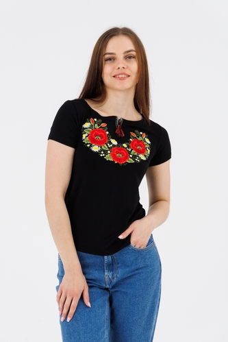 Фото Вишиванка футболка жіноча Melanika Маків цвіт XL Чорний (2000990566522A)