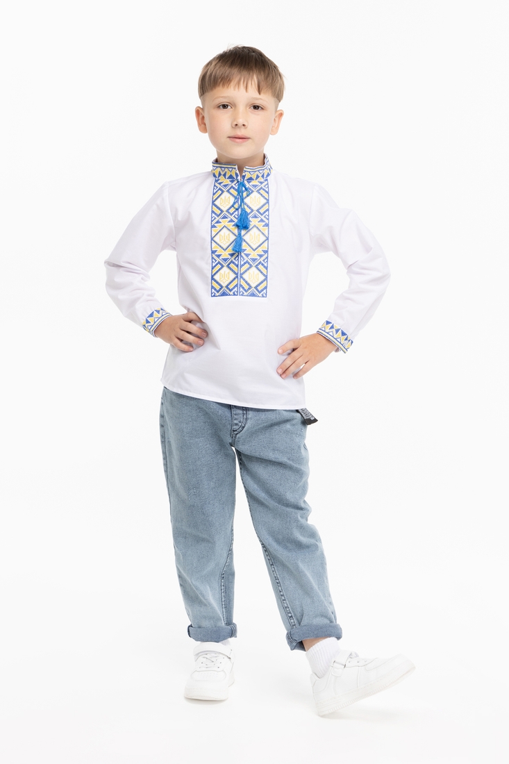 Фото Сорочка з вишивкою для хлопчика КОЗАЧОК ТРИЗУБ 98 см Синьо-жовтий (2000989641322D)