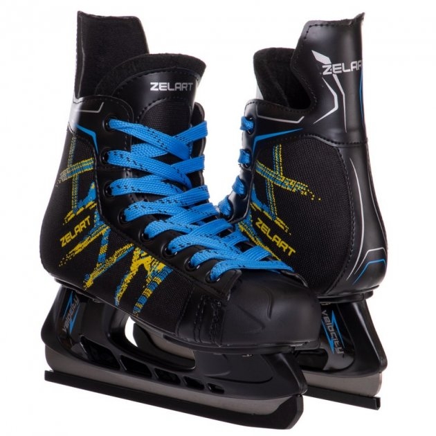 Фото Коньки хоккейные PVC Z-0886 (лезвие-сталь, черный-синий-желтый) (34) (2000904738175)