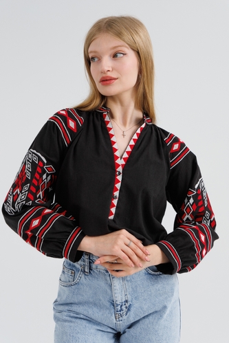 Фото Вишиванка сорочка з принтом жіноча Es-Q 5260 L Чорний (2000990611949A)