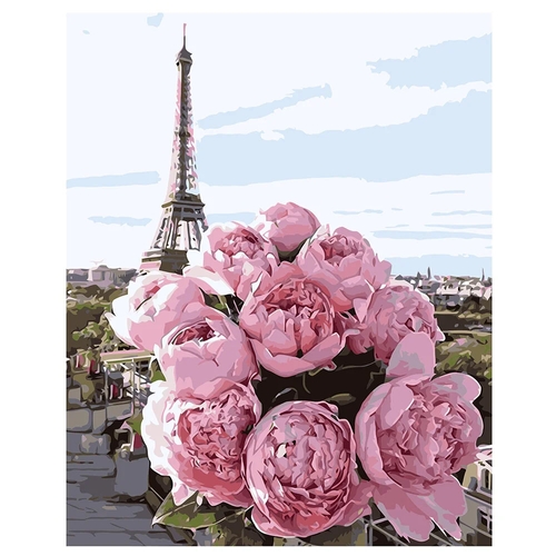 Фото Набір для розпису по номерах VA-1204 "Піони на фоні Парижу", розміром 40х50 см (4820220563972)