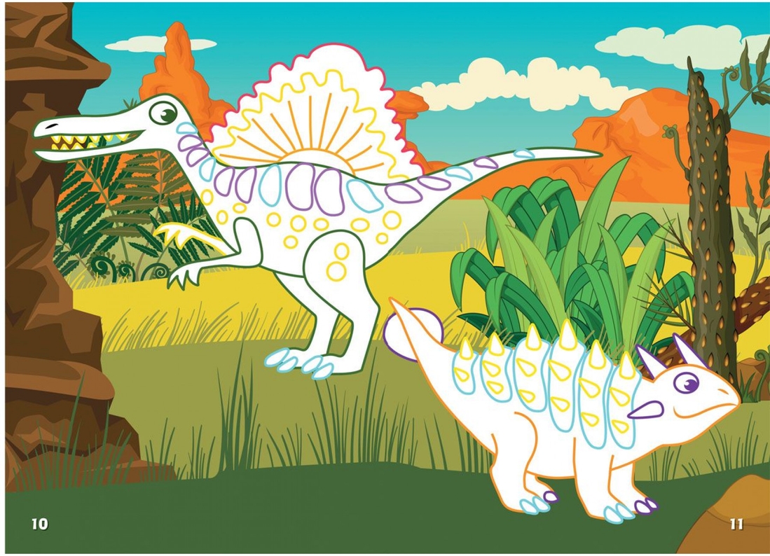 Фото Книга Перші розмальовки з кольоровим контуром і наліпками. Динозаври 3743 (9789669873743)