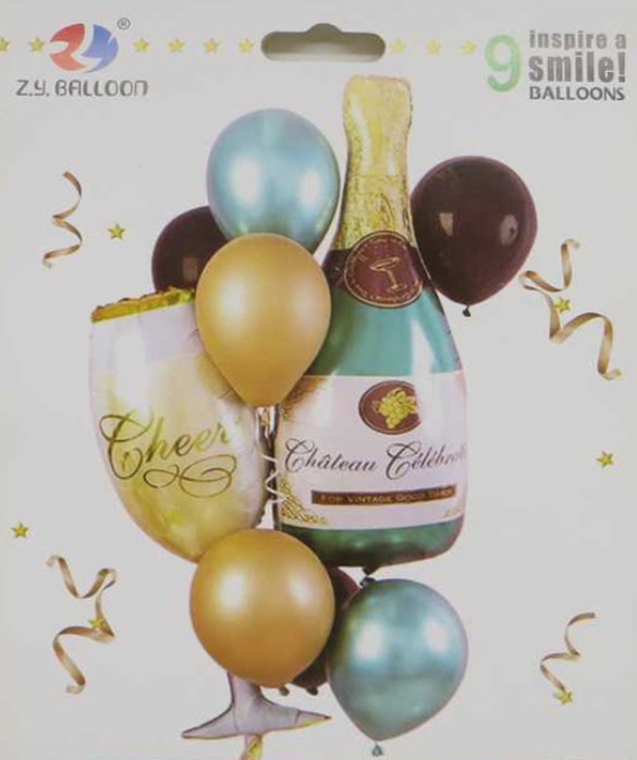 Фото Набор фольгированных шариков "Cheers-шарики, шампанское" 1212-28 9 шт. (2000990671578)