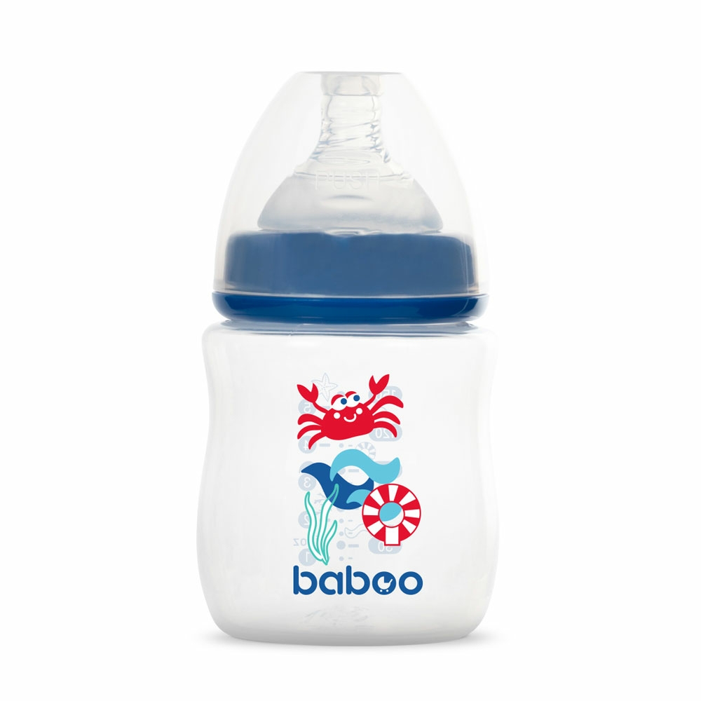 Фото Бутылочка для кормления BABOO 3-115 Антиколиковая, 150 мл, синяя, Marine, 0+ мес (5057778031151)