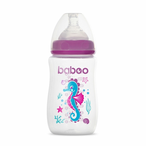 Фото Пляшечка для годування BABOO 3-114 Антиколікова, 250 мл, фіолетова, Sea Life, +3 міс. (5057778031144)