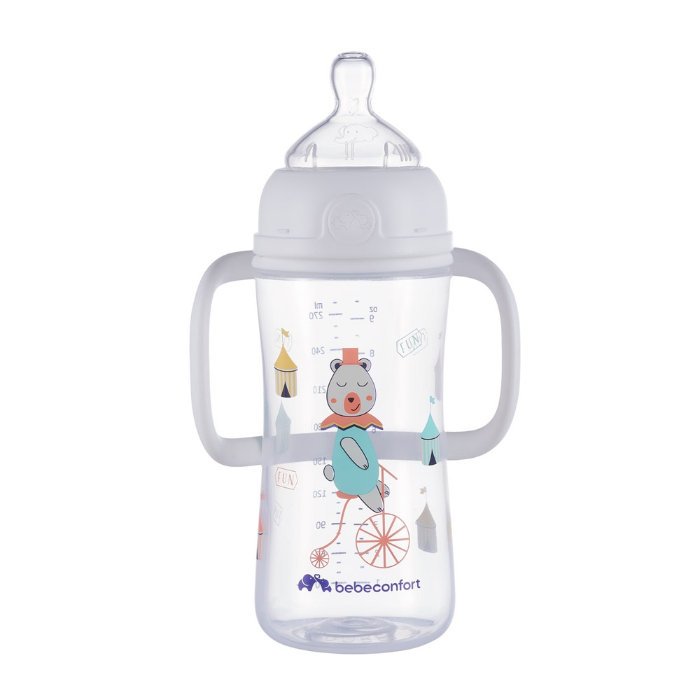 Фото Бутылочка для кормления Bebe Confort 3102201990 EMO PP W/H 270ML T2 FF с ручками и силиконовой пустышкой белая (3220660335732)